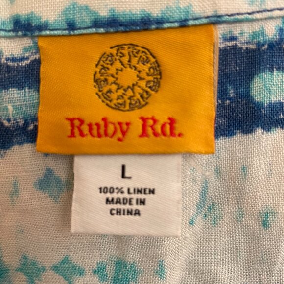Ruby Rd. Watercolor Blue Tie Dye Linen Tunic Large 3/4 Length Sleeves Tie Front - Picture 9 of 10